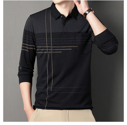 New Men's Polo Shirt Long-sleeved Polos Shirt Lapel Fashion Spring and Autumn Thin Shirt Casual Loose Tops Striped Streetwear