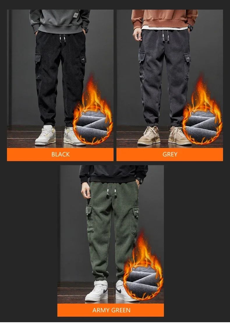 Winter New Thickened Warm Men's Corduroy Cargo Pants Fleece Loose Streetwear Joggers Harem Pants Sweatpants Male Trousers Black