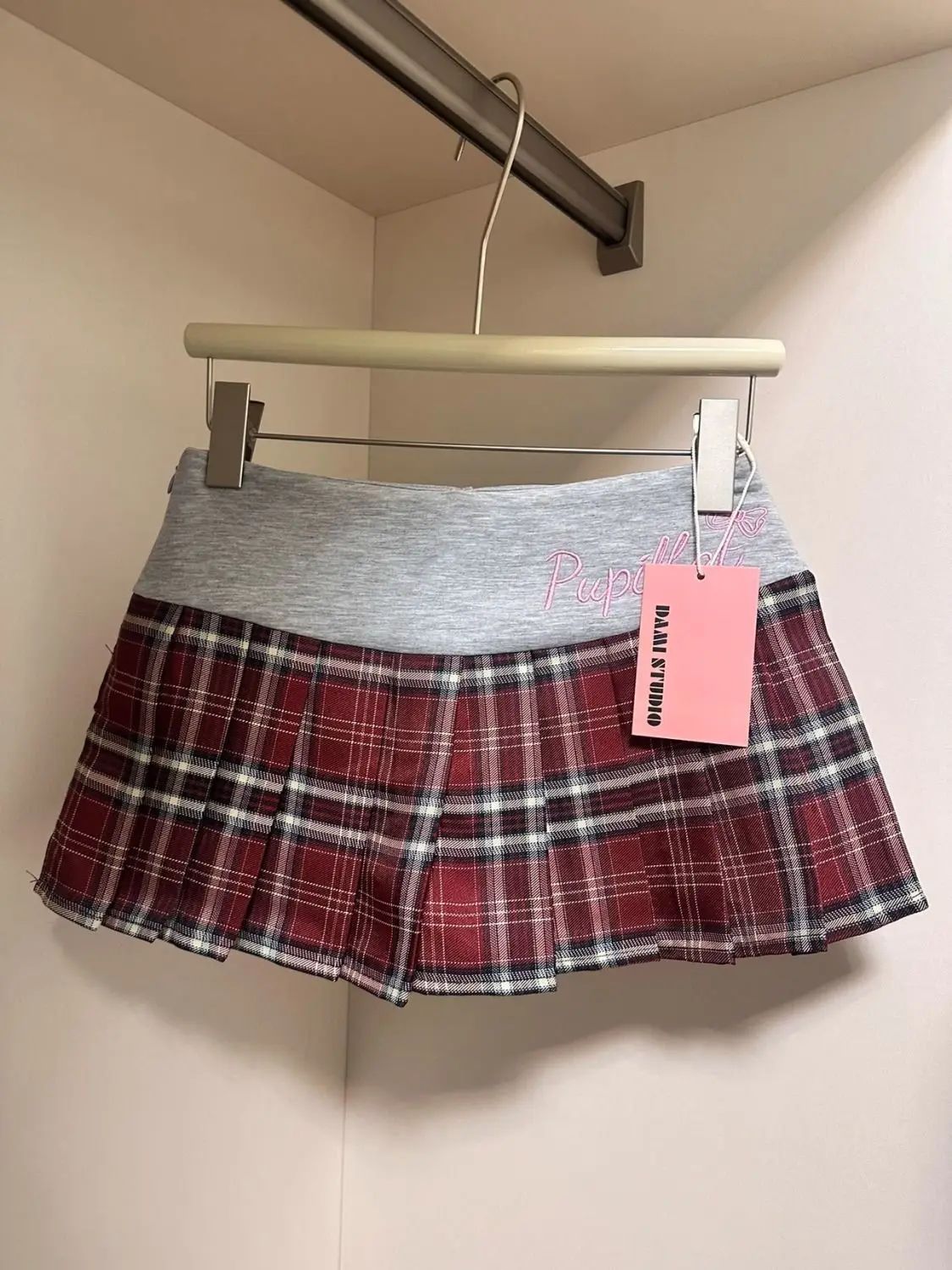 American Retro Spicy Girl Plaid Half Skirt Women Summer New Embroidery Patchwork Fashion High Waist Pleated Short Skirt