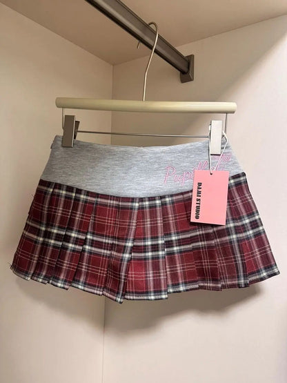American Retro Spicy Girl Plaid Half Skirt Women Summer New Embroidery Patchwork Fashion High Waist Pleated Short Skirt