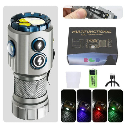 Mini EDC Flashlight 2000LM 18350 Battery USB Rechargeable LED Flashlight with Tail Magnet RGB Side Lamp Camping Emergency Lamp