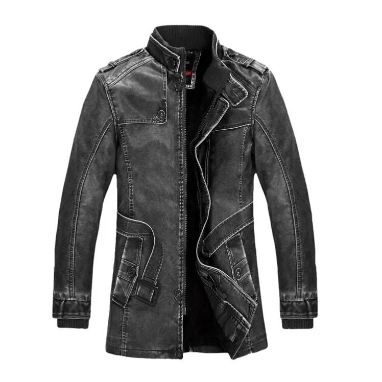 Men Slim Warm Washed Leather Motorcycle Jacket High Quality Leather Jacket Mens Standing Collar Coat Plus Size 4XL Long Parkas