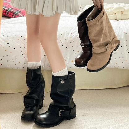 Vintage Thick Heel Women Western Cowboy Boots Fashion Belt Buckle Slip On Shoes Ladies Pleated Short Booties Autumn Winter