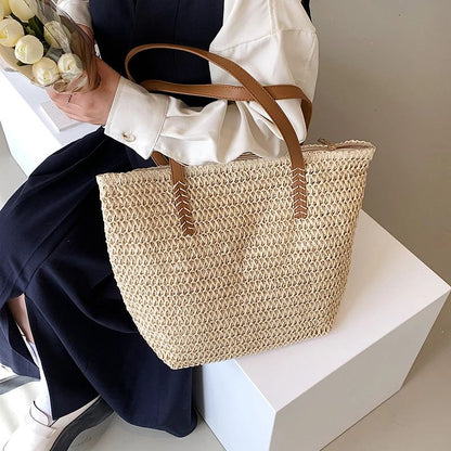 Hand-woven Women's Shoulder Handbag Bohemian Fashion Straw Beach Tote Bag Travel Shopper Weaving Shopping Bags