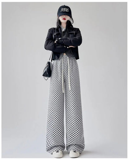 High Waist Wide Leg Pants Women's Autumn Winter New Style Lazy Casual Fleece Woolen Plaid Trousers Fashionable Comfortable