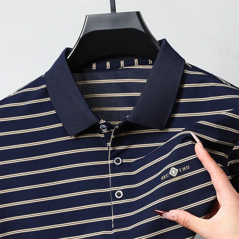 Men's Casual and Fashionable Striped Short Sleeved Polo Shirt Summer Comfortable Sweat Absorbing Breathable and Versatile Top