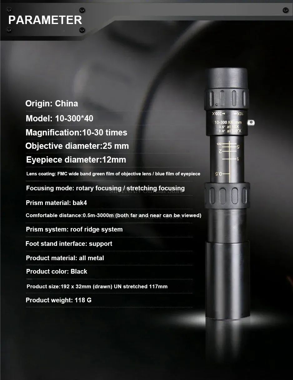 Monóculo Telescópio 10-300x40 Zoom Portátil Poderoso Binóculos com Tripé e Suporte para Celular Acampamento Viagem