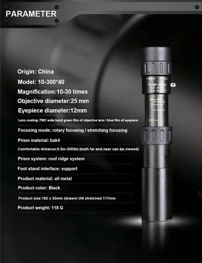 Monóculo Telescópio 10-300x40 Zoom Portátil Poderoso Binóculos com Tripé e Suporte para Celular Acampamento Viagem