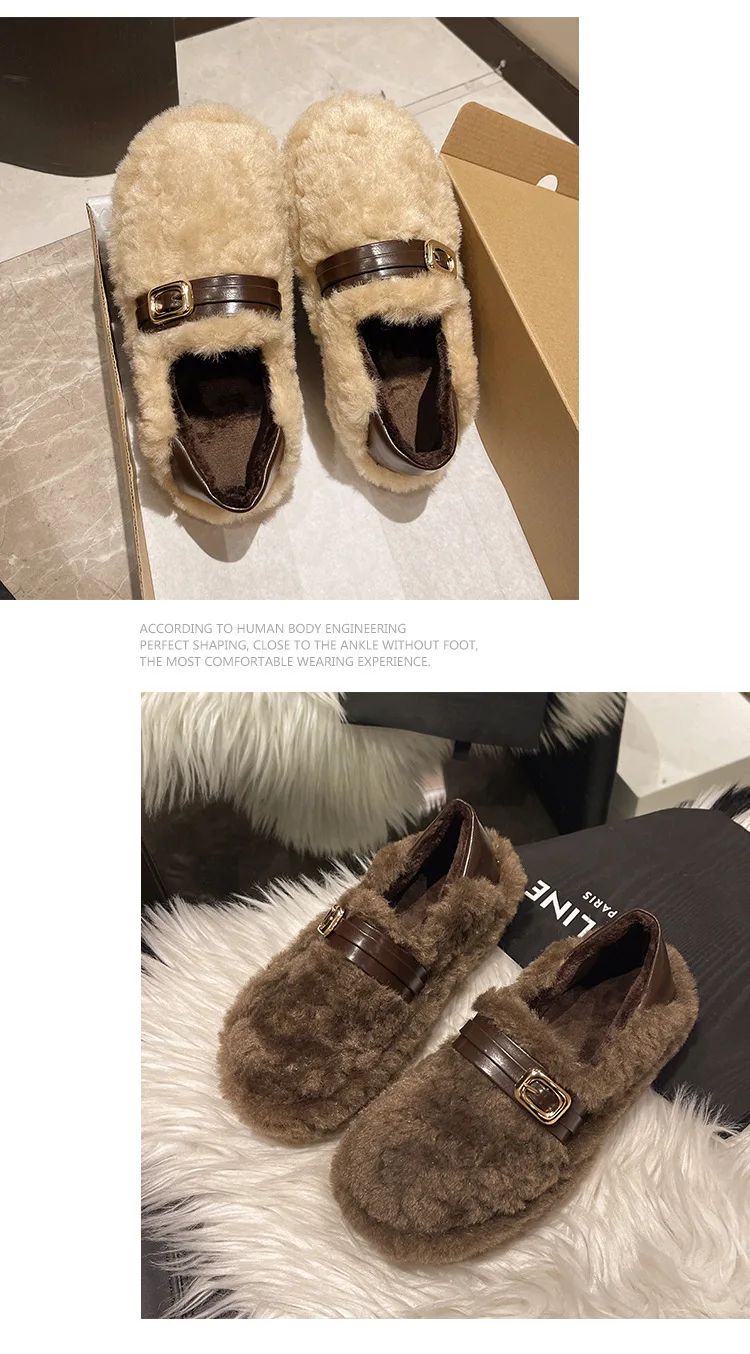 Women Warm Fur Flats Shoes 2025 Autumn Winter Vintage Fashion Shallow Mouth Buckle Ladies Comfort Loafers Shoes Zapatos Mujer