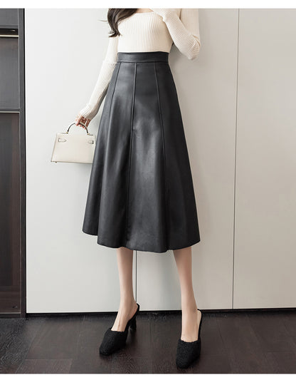 Seoulish Black Faux PU Leather Women's A-Line Skirts 2023 New Autumn Winter High Wasit Solid Chic Umbrella Office Skirts Female