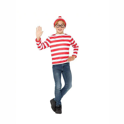 Wheres Waldo Striped Shirt Youth Boys Wally Costume Shirt Glasses and Hat Socks Unisex Adults Carnival Cosplay Costume