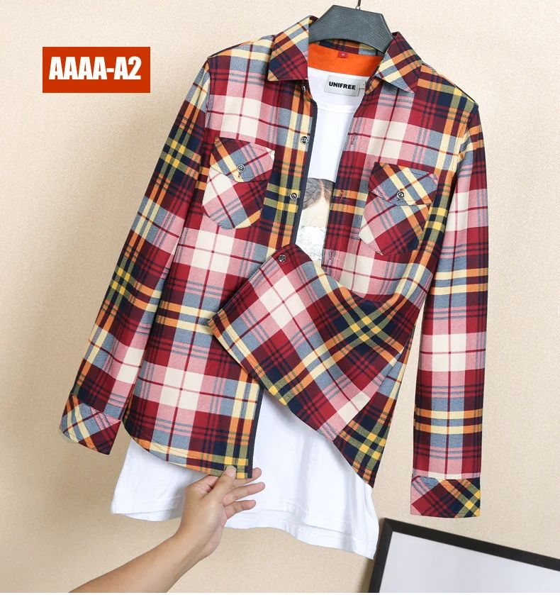Women's Fleece Lined Long Sleeve Shirt Mid Length Thick Winter Warm Korean Style Elastic plus Size Plaid Patterned Button up