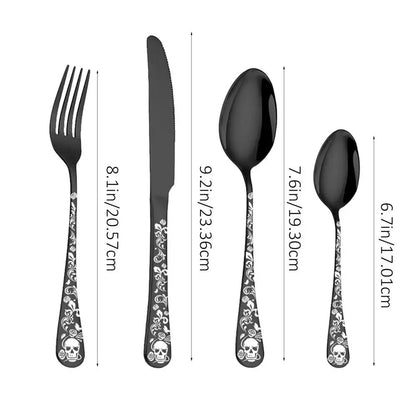Presentes de Halloween Conjunto de talheres de aço inoxidável com caveira moderno Garfo e colher Conjunto de 4 peças Garfos de cozinha portáteis e