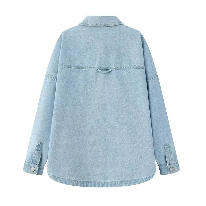 Retro Washed Loose Long Sleeve Women's Denim Shirt Vintage Workwear Style Button up Casual Outerwear from Mainland China