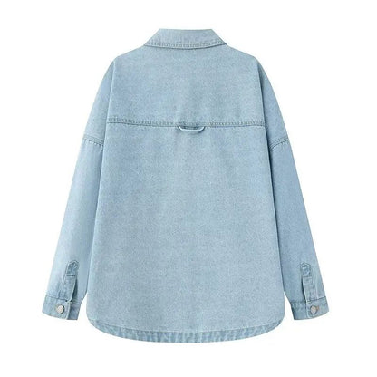 Retro Washed Loose Long Sleeve Women's Denim Shirt Vintage Workwear Style Button up Casual Outerwear from Mainland China