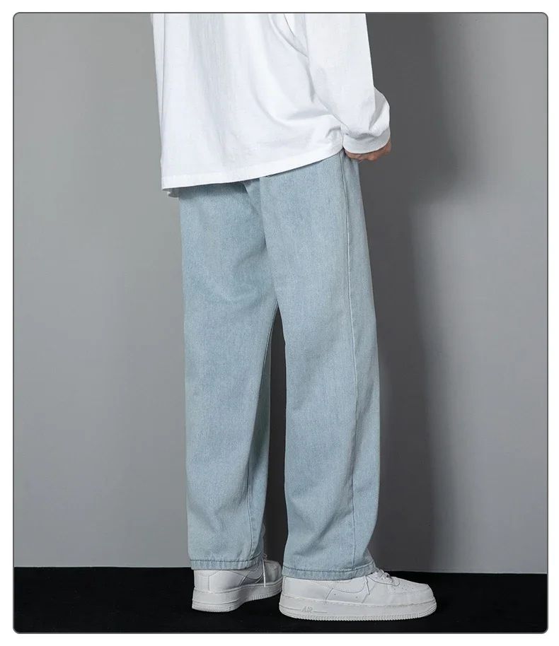 2025 Calças Jeans Casuais Masculinas Coreanas Novas Retas Longas Perna Larga Jeans Cor Sólida Azul Claro Cinza Preto