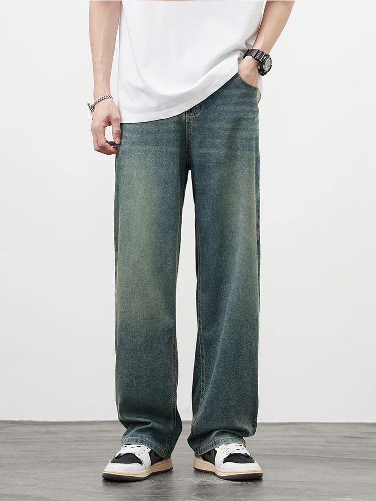 2025 Primavera Outono Novas Calças Jeans Masculinas Retas Vintage Casuais Masculinas de Alta Qualidade Estilo Coreano Baggy Calças Jeans de Perna Larga