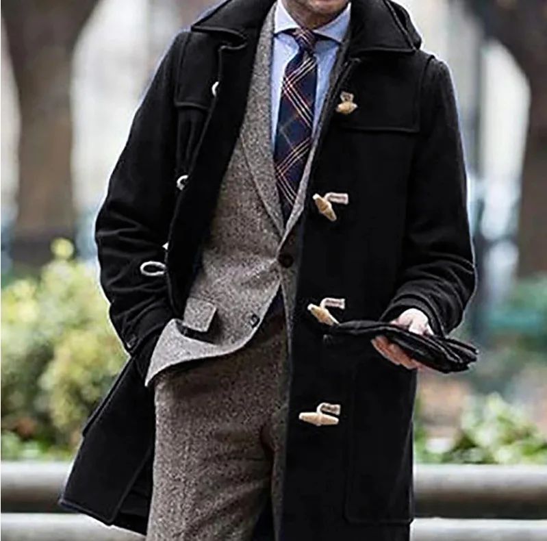 Men's Casual Single-breasted Lapel Solid Color Overcoat in Mid-to-long Style for Autumn and Winter, Trendy Coat Jacket S-XXXL