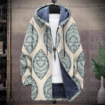 Men's Retro Flower Print Plush Thick Long-Sleeved Coat Fleece Hooded Overcoat Unisex Thick Warm Jacket-12 style