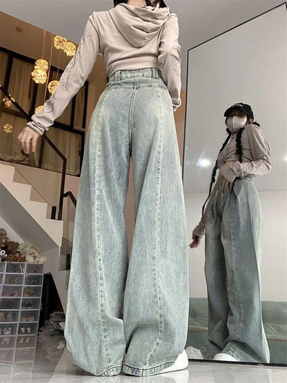Vintage Light Blue Rugged Jeans Women's Loose-fit High-waisted Slimming Straight-leg Denim Trousers New Autumn Collection