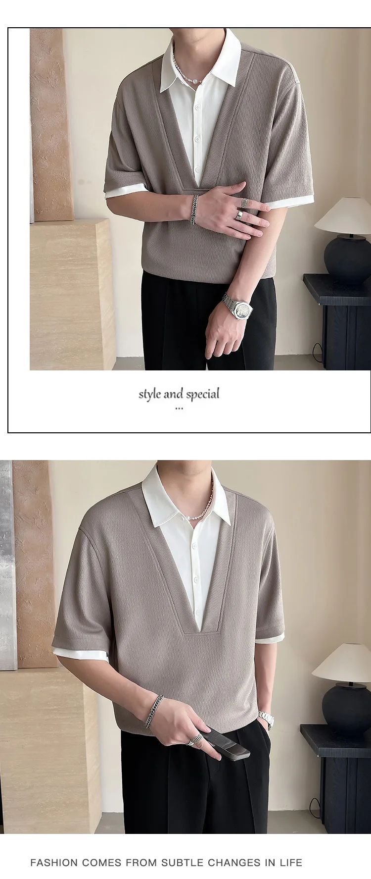 2025 summer new men's fake two-piece shirt, men's clothing, trendy brand, casual, high-end short-sleeved polo shirt