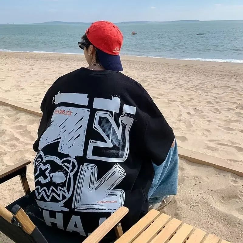 M-8xL Spring Men's T-shirt Short Sleeve Cartoon Graffiti Print Male Female Alphabet