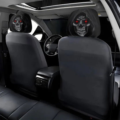 2Pcs Death Skull Flame Red Eye Print Car Headrest Cover Elastic Neck Support Auto Headrest Protector Easy Install Universal Car