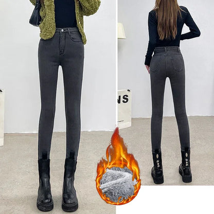 Winter Women Chic Fleece Thermal High Waist Jeans Lady Snow Warm Plush Denim Pants Girls Classic Fashion Straight Leg Trousers