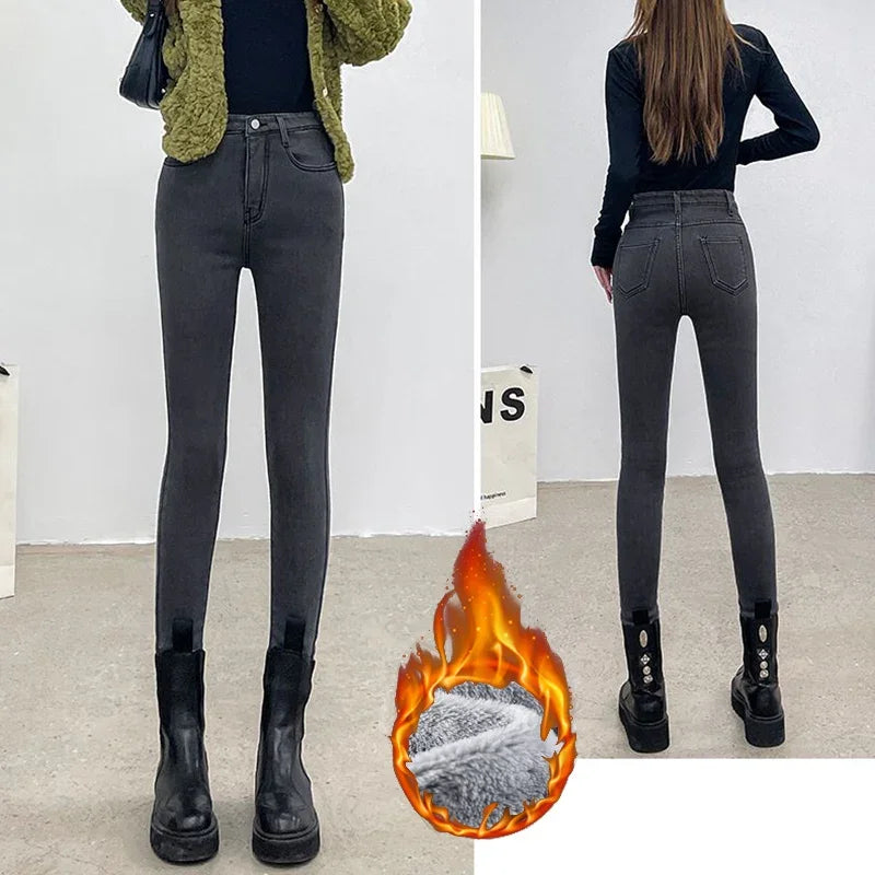 Winter Women Chic Fleece Thermal High Waist Jeans Lady Snow Warm Plush Denim Pants Girls Classic Fashion Straight Leg Trousers