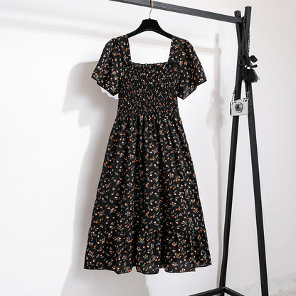 Spring Summer Chiffon Dress Women Midi DressesFemale Short Sleeve Elastic Waist