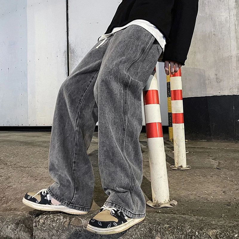 2025 New Korean Men's Casual Long Jeans Classic Man Straight Denim Wide-leg Pants Gyms Solid Color Light Blue Grey Black M-3XL
