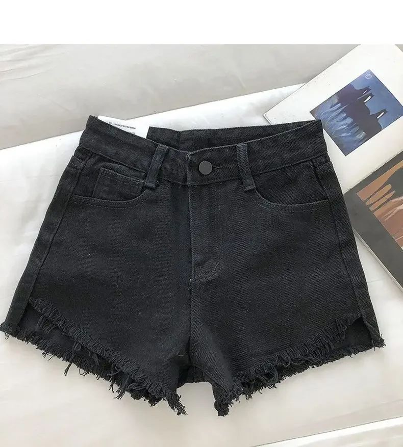 2025 New Summer Women High Wiast Raw Hem Denim Shorts Soild White Black Blue Korean Wide Leg Pants Mon Shorts  Jean Shorts