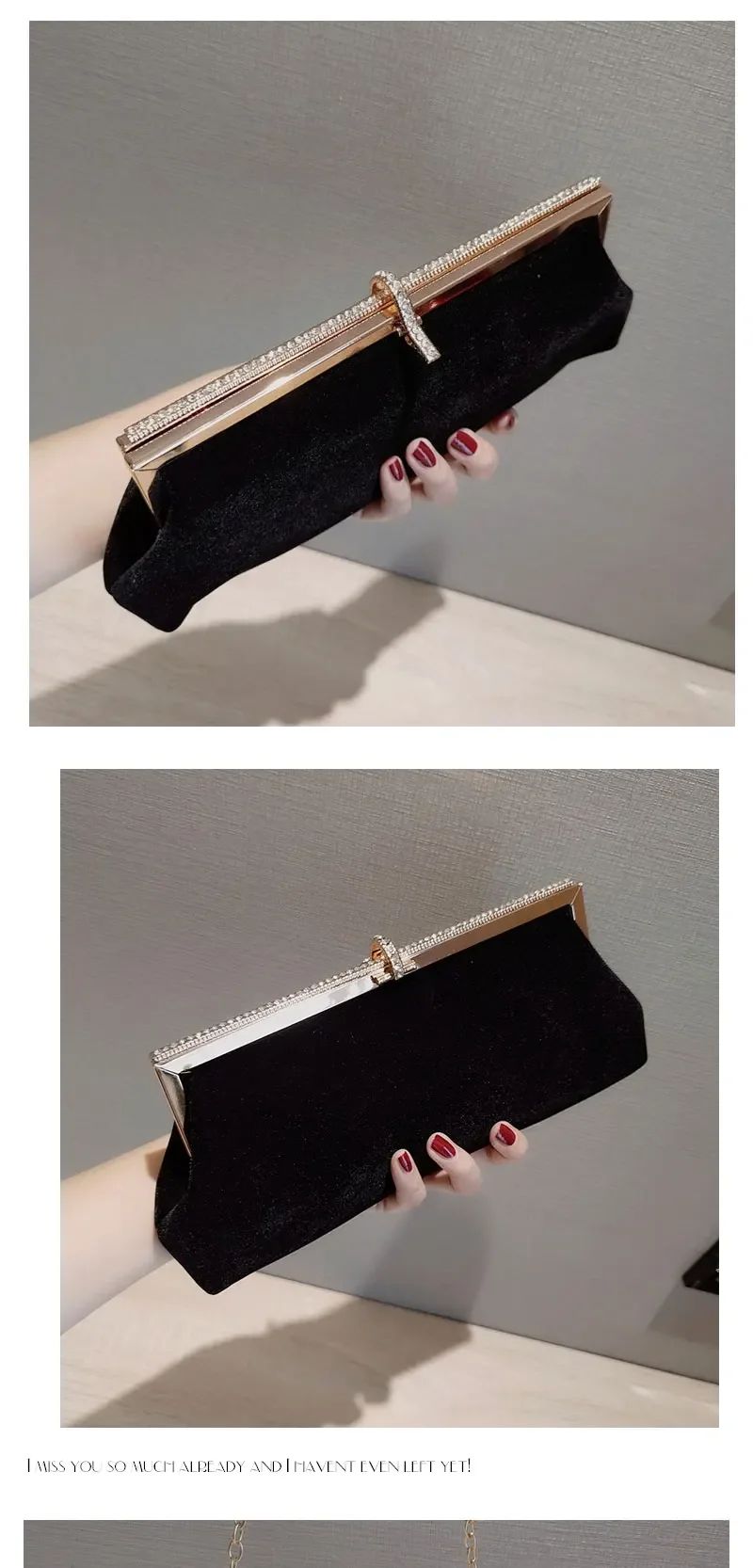 Women Retro Black Velvet Evening Clutch Bag Glitter Rhinestone Buckle Banquet Party Ladies Handbag Purse with Chain