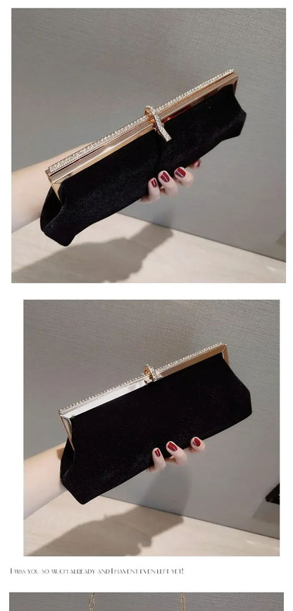 Women Retro Black Velvet Evening Clutch Bag Glitter Rhinestone Buckle Banquet Party Ladies Handbag Purse with Chain