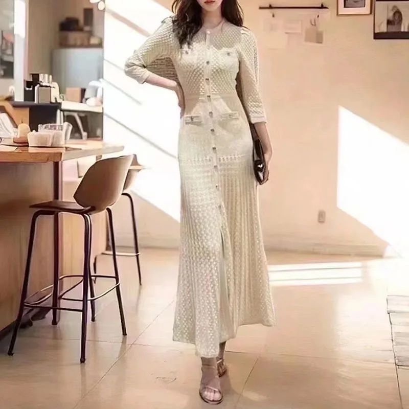 Hollow out Long Knitted Summer Dress round Neck Seven Sleeve Bodycon Skirt Slimming Effect Empire Waist Maxi Dress