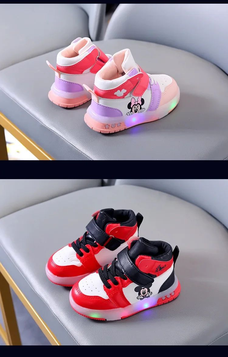 2024 Disney Children's Led Light Shoes Fashion Mickey Mouse Boys Sneakers Girls Cartton Casual Shoes Breathable Kids Sport Shoes
