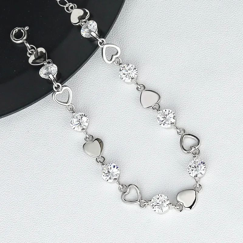 Pulseira de Luxo Coração Vazado Prata 925 Zircônia para Mulheres Joias de Festa Presentes de Moda Coreana Doce e Estilosa