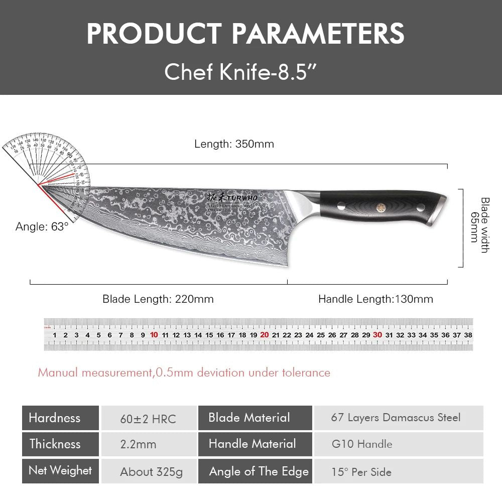 TURWHO 8.5" Kitchen Gyuto Knives 67 Layer Damascus Steel Professional Chef Knife Sharp Meat Cleaver Slicing Kitchenware Tools