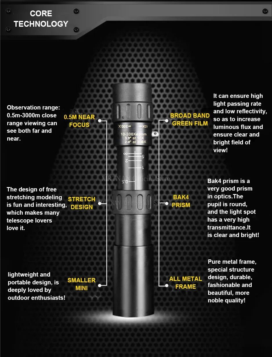 Monóculo Telescópio 10-300x40 Zoom Portátil Poderoso Binóculos com Tripé e Suporte para Celular Acampamento Viagem