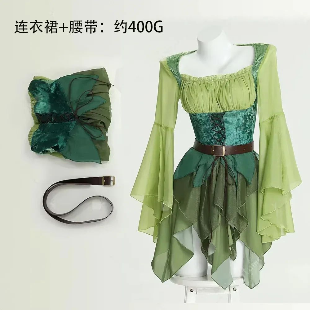 Women's Elf Medieval Green Fairy Dress Magical Elf Dress and Belt with Wings Halloween Cosplay Costumes Elf Cosplay costume