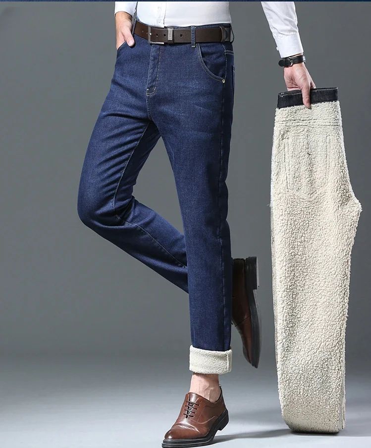 Calça Jeans Masculina de Inverno Forrada de Lã Grossa Sherpa Casual de Negócios Veludo Reta Masculina de Lã Pelúcia Clássica Elástica