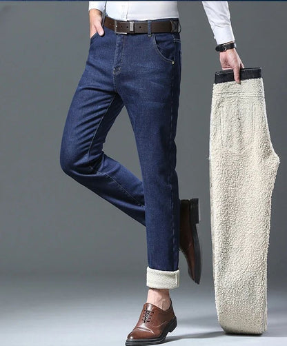 Calça Jeans Masculina de Inverno Forrada de Lã Grossa Sherpa Casual de Negócios Veludo Reta Masculina de Lã Pelúcia Clássica Elástica