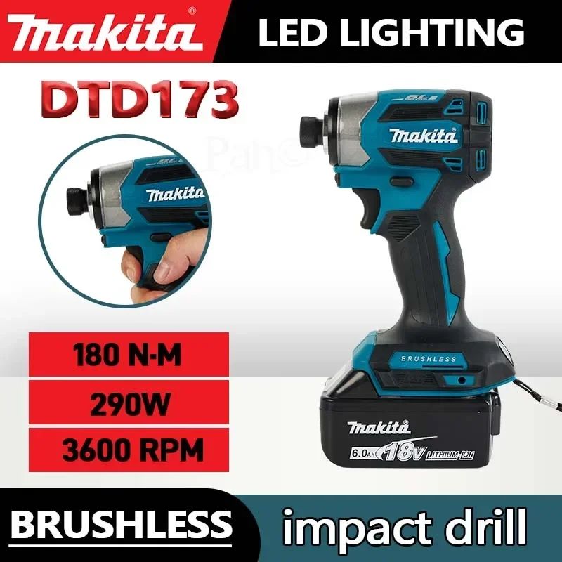 Parafusadeira de Impacto Sem Fio Makita 18V LXT DTD173 Motor Brushless Furadeira Elétrica Parafusadeira Madeira/Parafuso Modo T1/T2 Luz LED Dupla 180 N·m