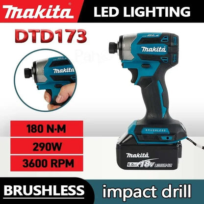 Parafusadeira de Impacto Sem Fio Makita 18V LXT DTD173 Motor Brushless Furadeira Elétrica Parafusadeira Madeira/Parafuso Modo T1/T2 Luz LED Dupla 180 N·m