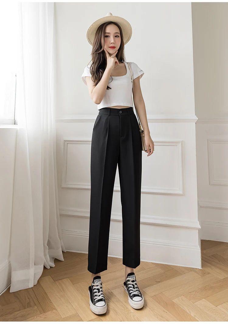 Korean High Waist Nine Point Trousers Female Fall Summer Casual Loose Office Lady Suit Pants Fashion Solid Color Work Pant New