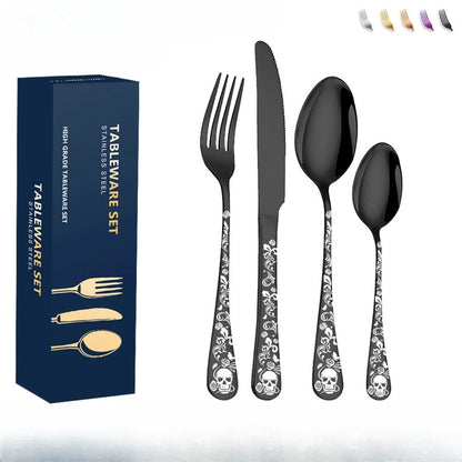 Presentes de Halloween Conjunto de talheres de aço inoxidável com caveira moderno Garfo e colher Conjunto de 4 peças Garfos de cozinha portáteis e
