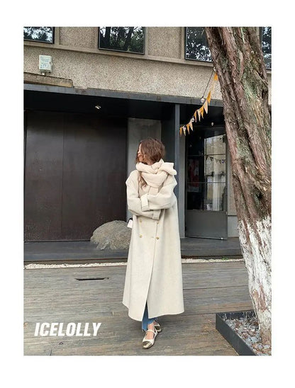 Light Grey Woolen Coat Women's Long Loose Korean Style Fashionable Autumn Winter New Arrival Polyester Fiber Full Sleeve