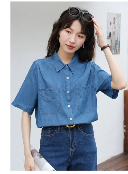Vintageblueshort Sleeves Thin Denim Shirt 2024 Summer New Casual Loose-Fit Hong Kong Style Petite Top For Women