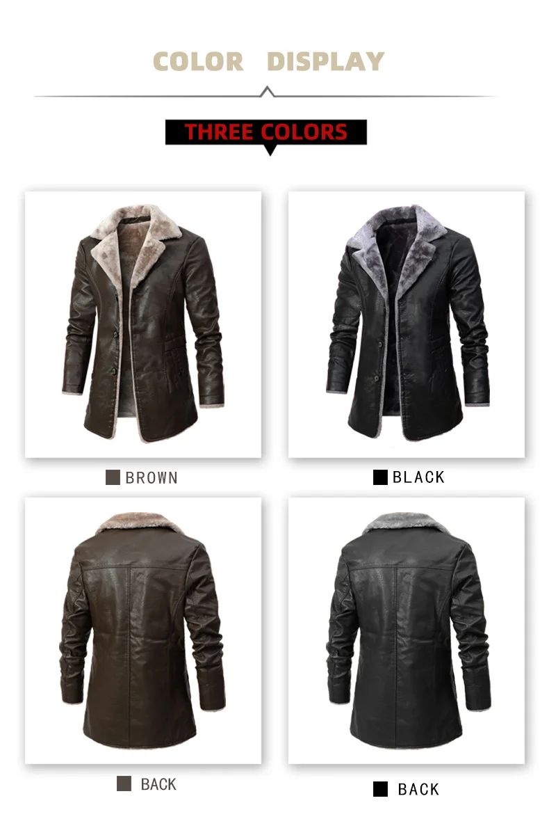 Men's Winter Faux Leather Casual Windbreak High Quality Coat Fur Lined Button Trench Coats Men's Down Lapel Collar Jackets