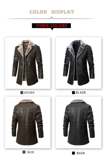 Men's Winter Faux Leather Casual Windbreak High Quality Coat Fur Lined Button Trench Coats Men's Down Lapel Collar Jackets